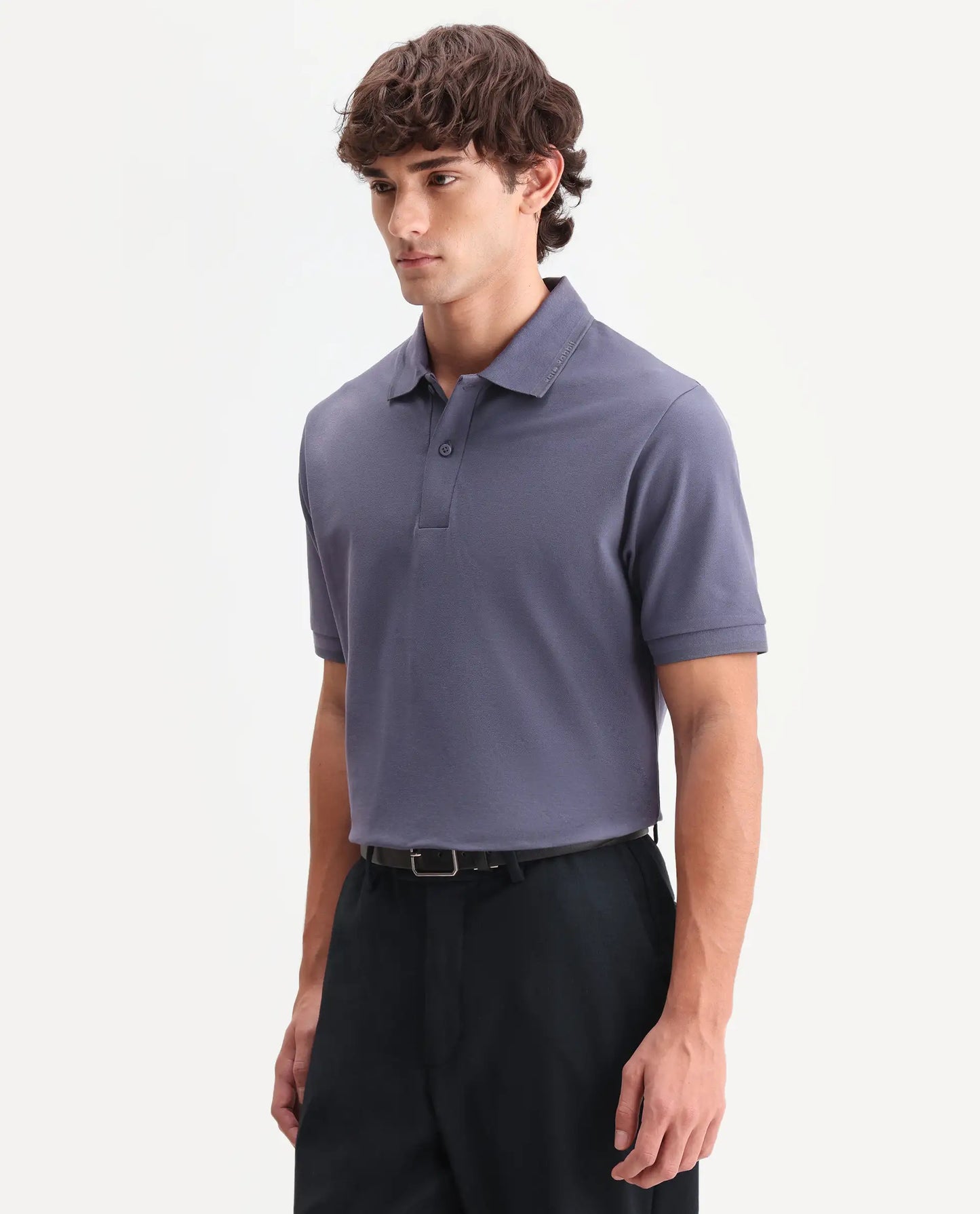 Rare Rabbit Men's Clak Dark Purple Cotton Blend Fabric Half Sleeve Spread Collar Regular Fit Plain Polo | Rare Rabbit at Broadway