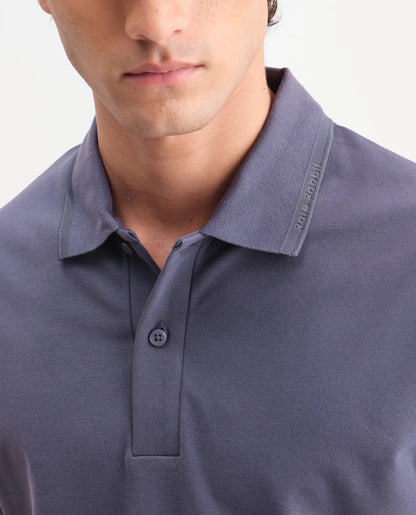 Rare Rabbit Men's Clak Dark Purple Cotton Blend Fabric Half Sleeve Spread Collar Regular Fit Plain Polo | Rare Rabbit at Broadway
