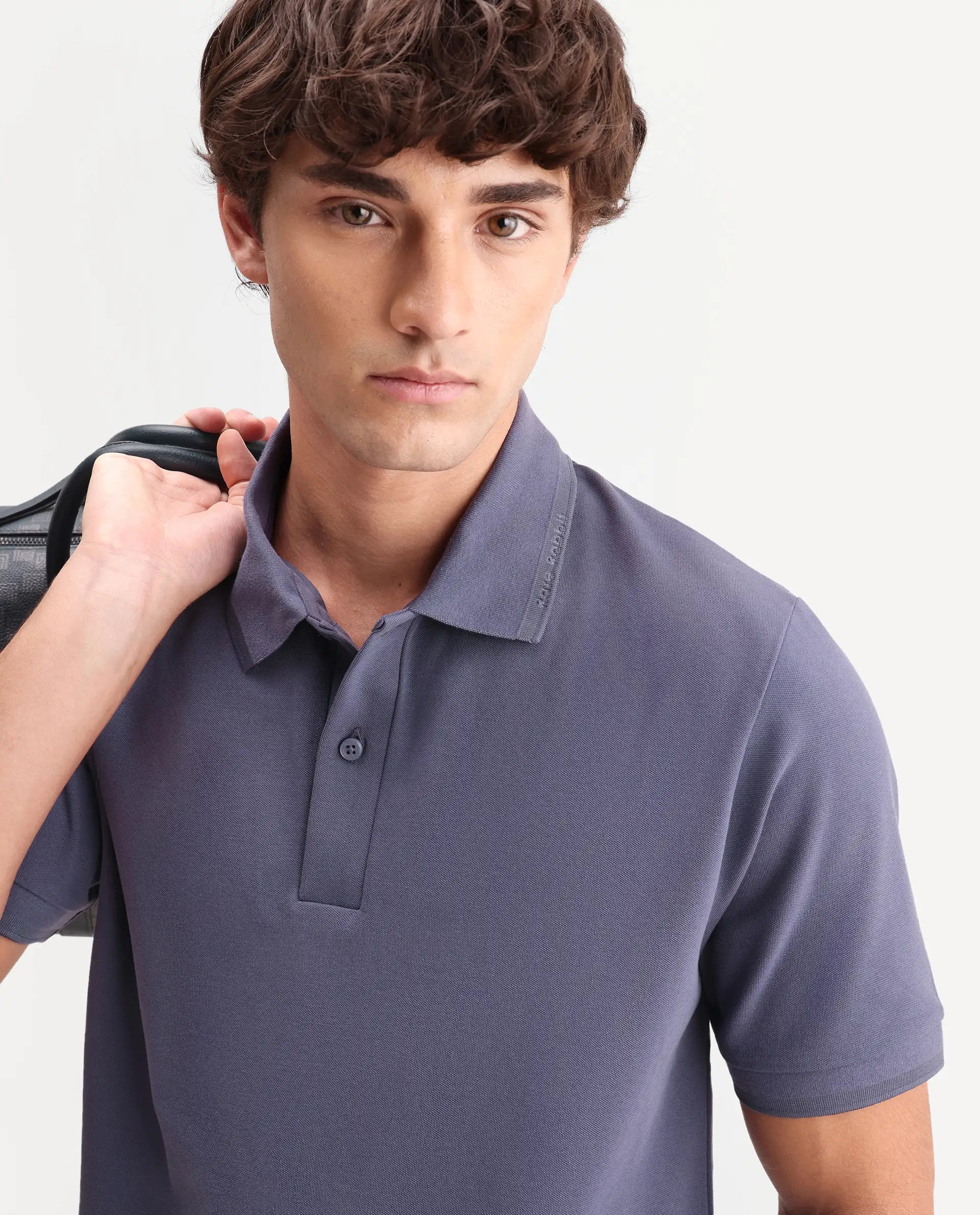 Rare Rabbit Men's Clak Dark Purple Cotton Blend Fabric Half Sleeve Spread Collar Regular Fit Plain Polo | Rare Rabbit at Broadway