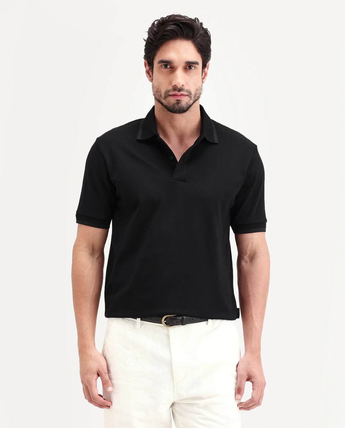 Rare Rabbit Men's Clak Black Cotton Blend Fabric Half Sleeve Spread Collar Regular Fit Plain Polo | Rare Rabbit at Broadway