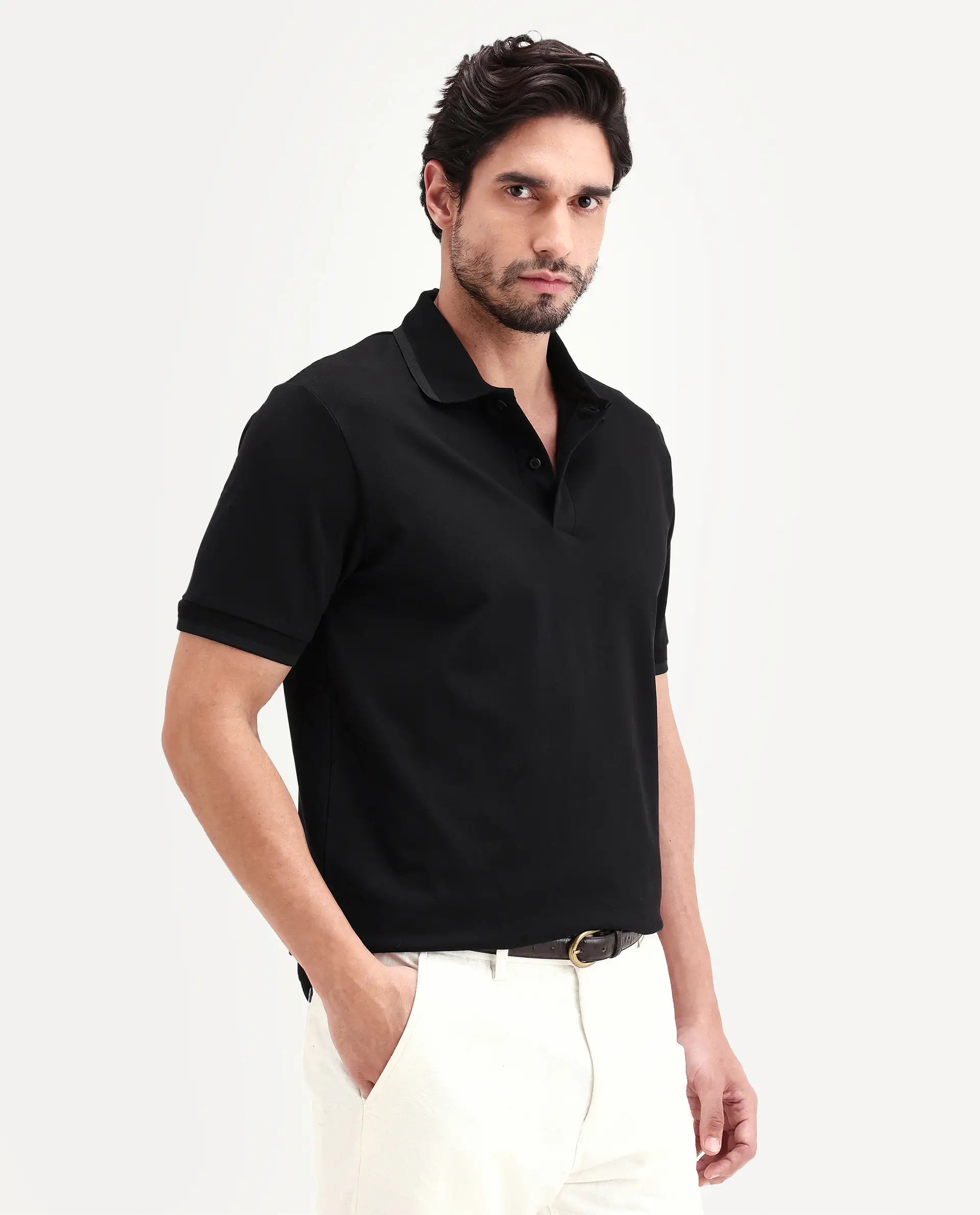 Rare Rabbit Men's Clak Black Cotton Blend Fabric Half Sleeve Spread Collar Regular Fit Plain Polo | Rare Rabbit at Broadway