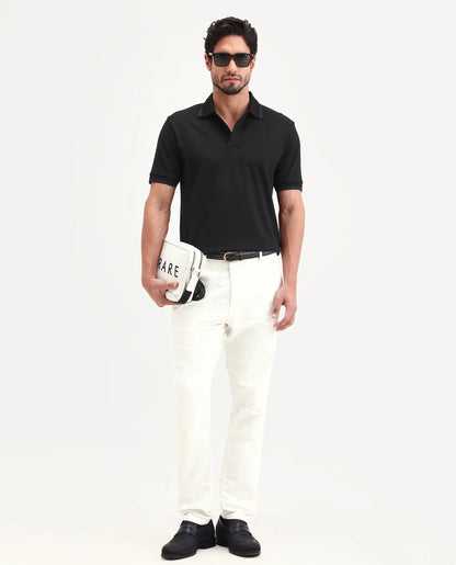 Rare Rabbit Men's Clak Black Cotton Blend Fabric Half Sleeve Spread Collar Regular Fit Plain Polo | Rare Rabbit at Broadway