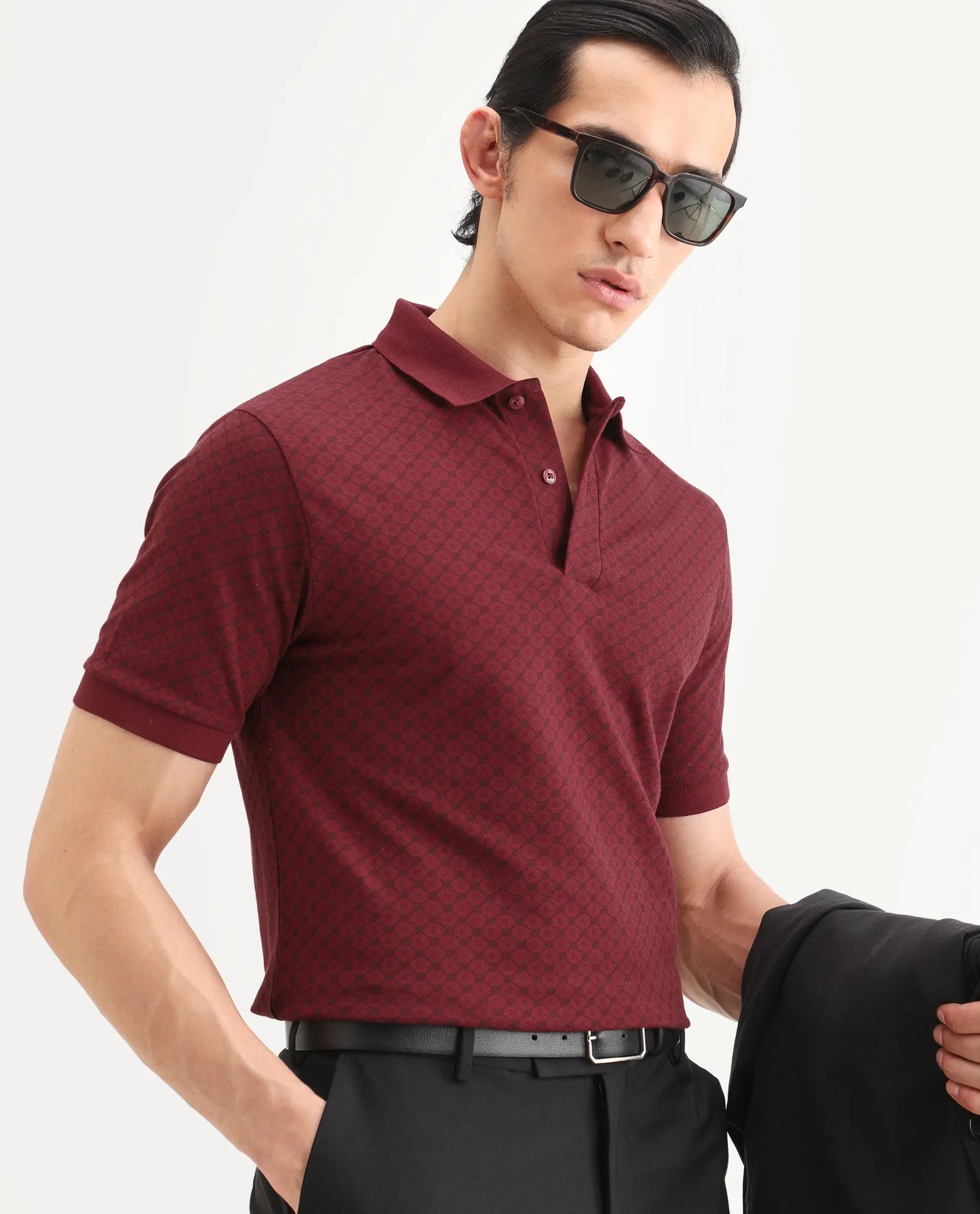 Rare Rabbit Men's Eran Red Cotton Blend Fabric Half Sleeve Spread Collar Regular Fit Geometric Print Polo | Rare Rabbit at Broadway