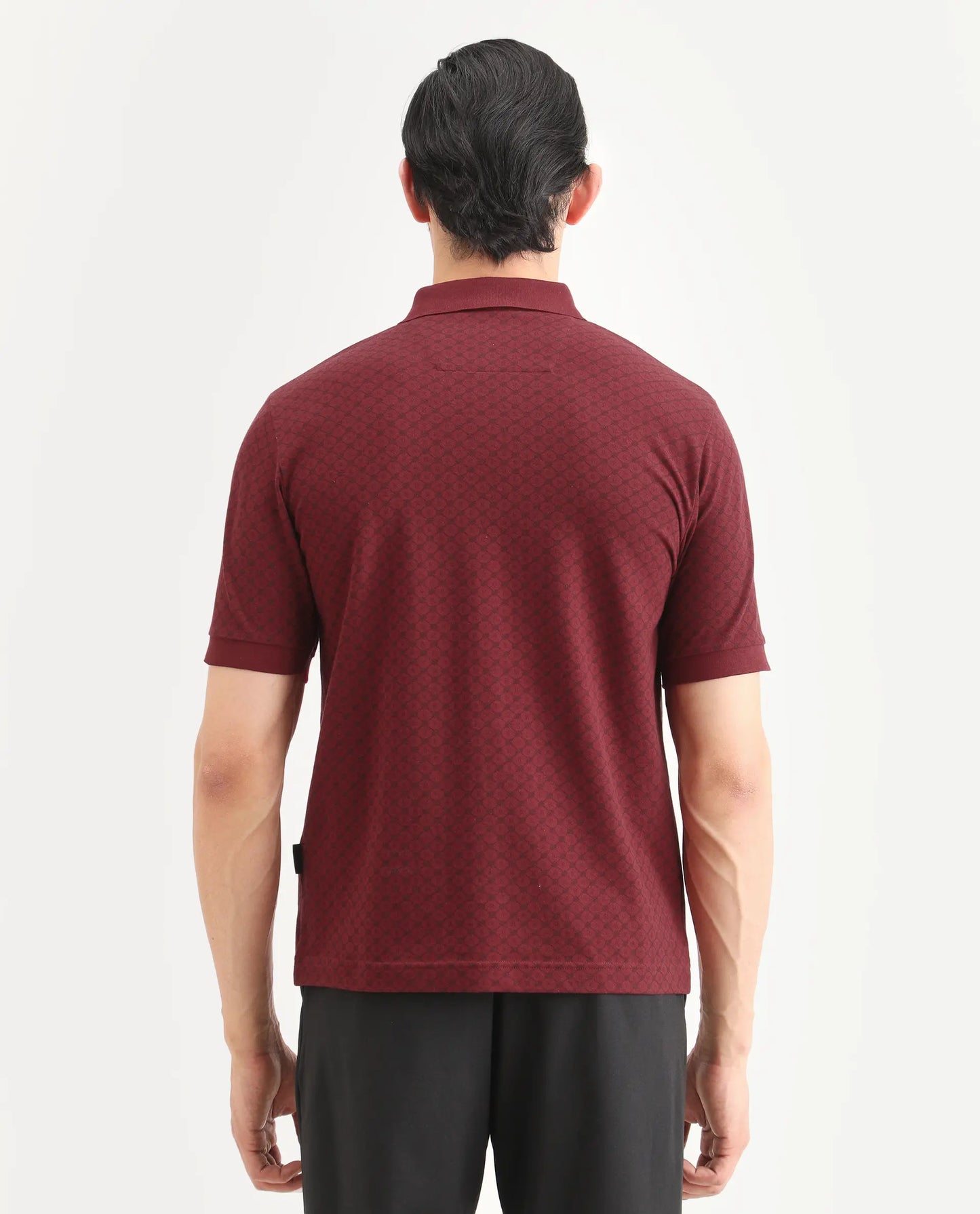 Rare Rabbit Men's Eran Red Cotton Blend Fabric Half Sleeve Spread Collar Regular Fit Geometric Print Polo | Rare Rabbit at Broadway