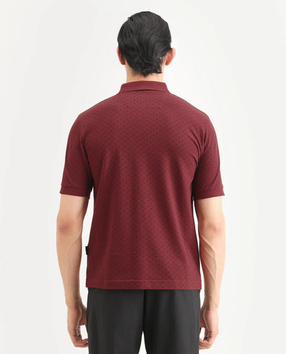 Rare Rabbit Men's Eran Red Cotton Blend Fabric Half Sleeve Spread Collar Regular Fit Geometric Print Polo | Rare Rabbit at Broadway