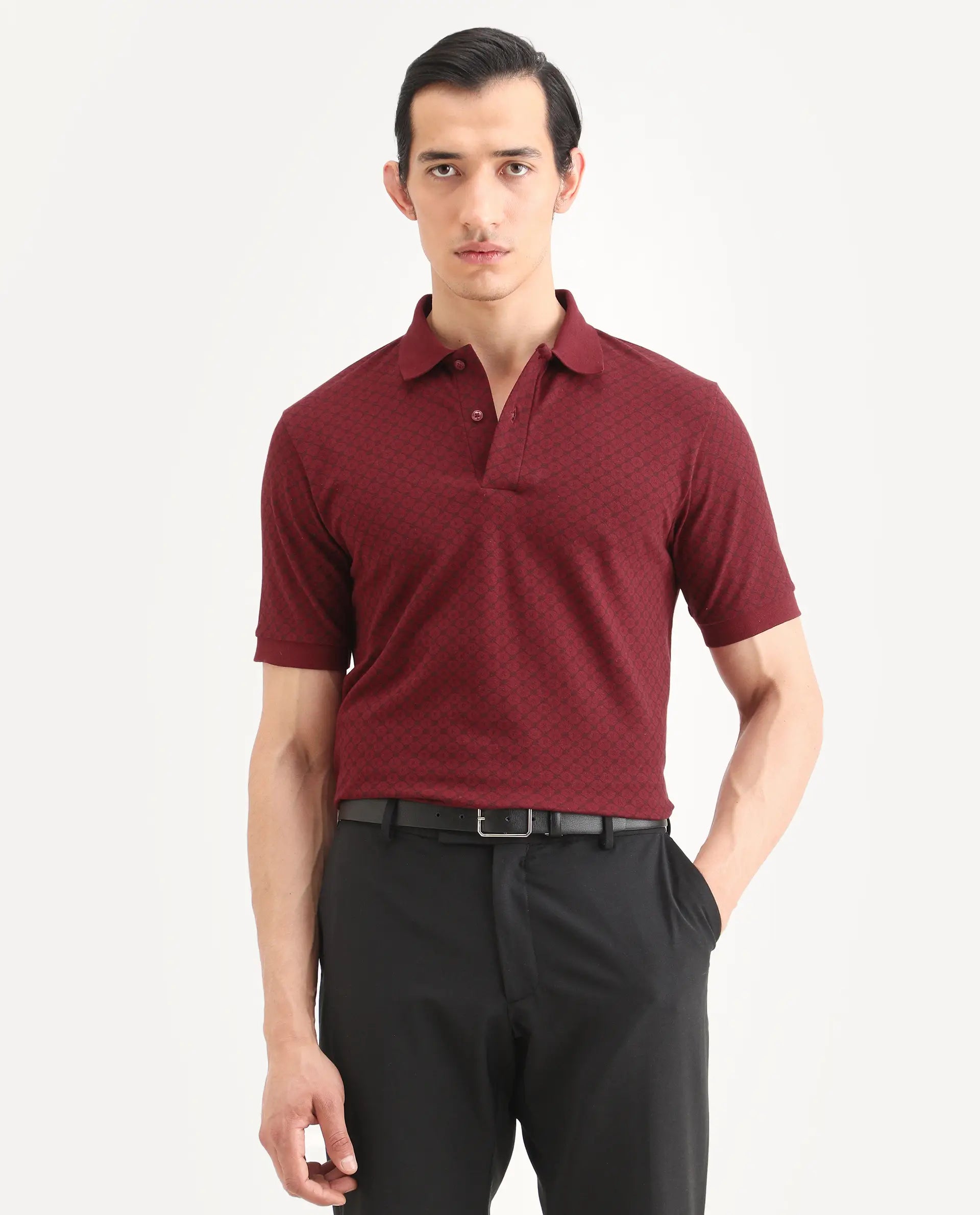 Rare Rabbit Men's Eran Red Cotton Blend Fabric Half Sleeve Spread Collar Regular Fit Geometric Print Polo | Rare Rabbit at Broadway