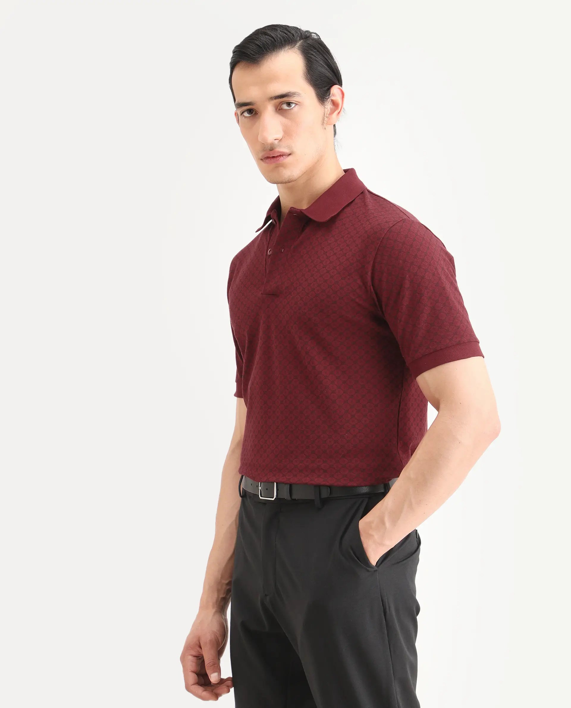 Rare Rabbit Men's Eran Red Cotton Blend Fabric Half Sleeve Spread Collar Regular Fit Geometric Print Polo | Rare Rabbit at Broadway