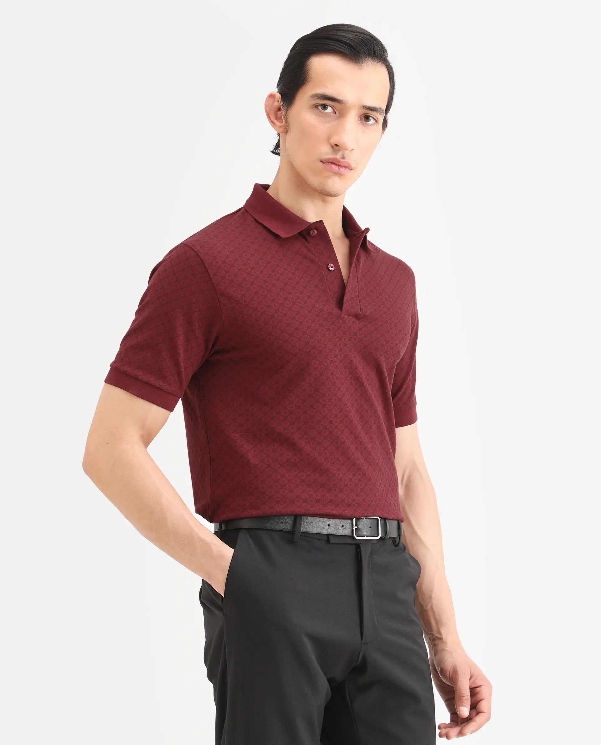 Rare Rabbit Men's Eran Red Cotton Blend Fabric Half Sleeve Spread Collar Regular Fit Geometric Print Polo | Rare Rabbit at Broadway