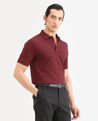 Rare Rabbit Men's Eran Red Cotton Blend Fabric Half Sleeve Spread Collar Regular Fit Geometric Print Polo | Rare Rabbit at Broadway