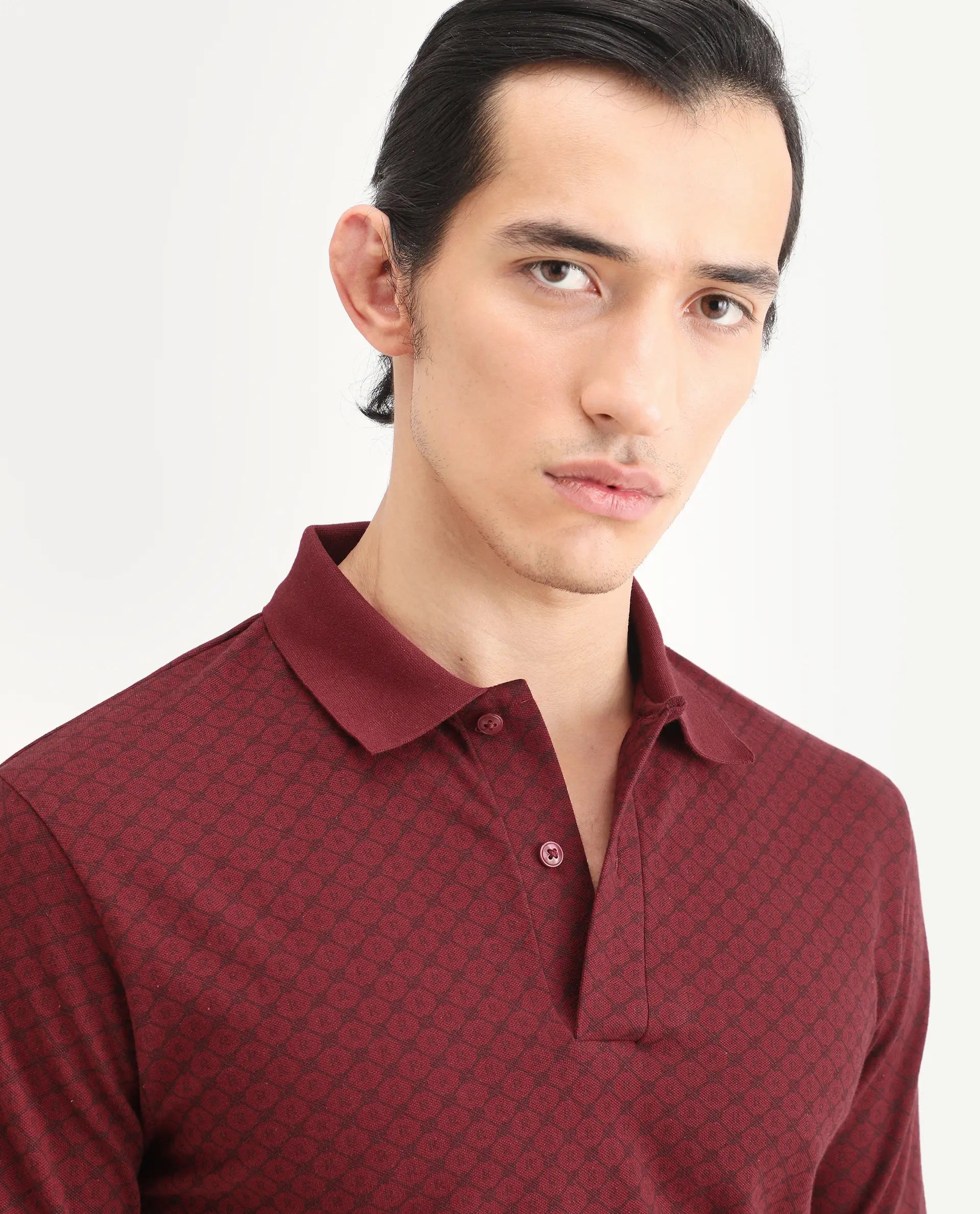 Rare Rabbit Men's Eran Red Cotton Blend Fabric Half Sleeve Spread Collar Regular Fit Geometric Print Polo | Rare Rabbit at Broadway