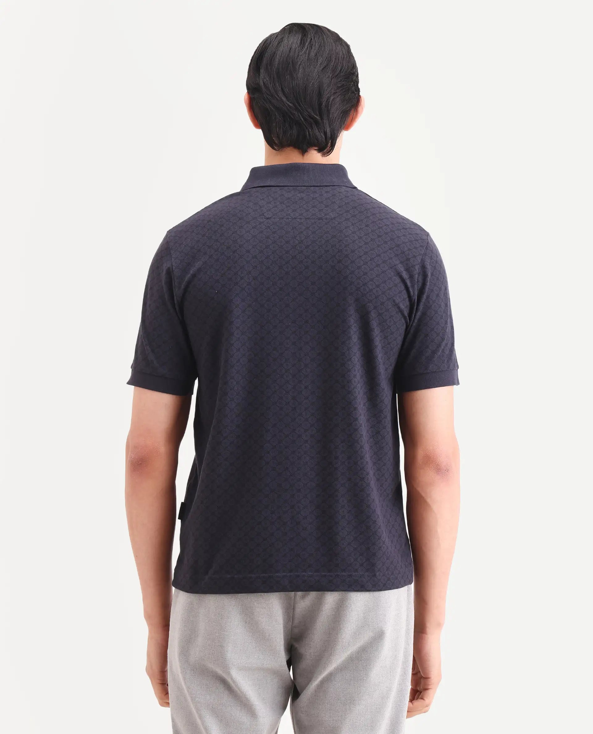 Rare Rabbit Men's Eran Navy Cotton Blend Fabric Half Sleeve Spread Collar Regular Fit Geometric Print Polo | Rare Rabbit at Broadway