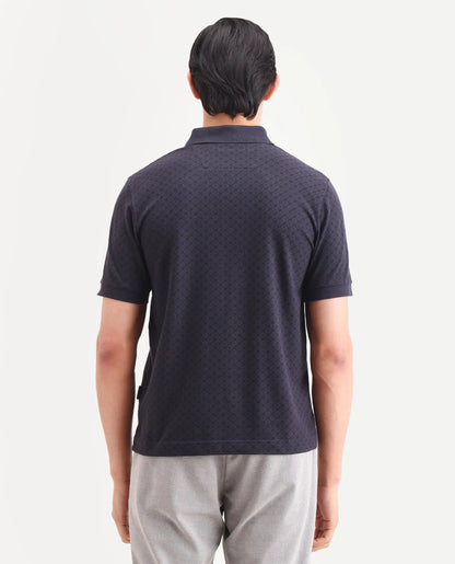 Rare Rabbit Men's Eran Navy Cotton Blend Fabric Half Sleeve Spread Collar Regular Fit Geometric Print Polo | Rare Rabbit at Broadway