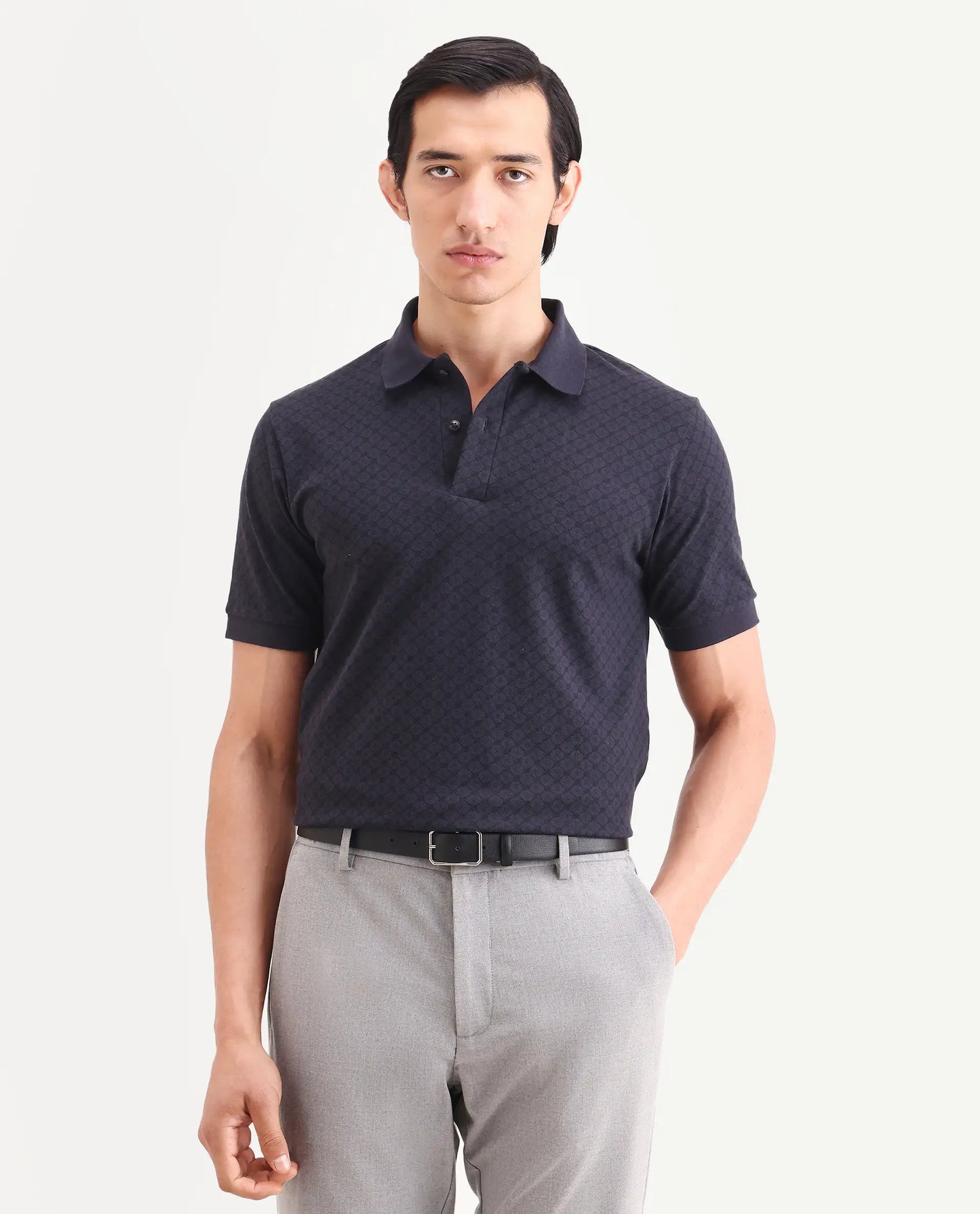 Rare Rabbit Men's Eran Navy Cotton Blend Fabric Half Sleeve Spread Collar Regular Fit Geometric Print Polo | Rare Rabbit at Broadway
