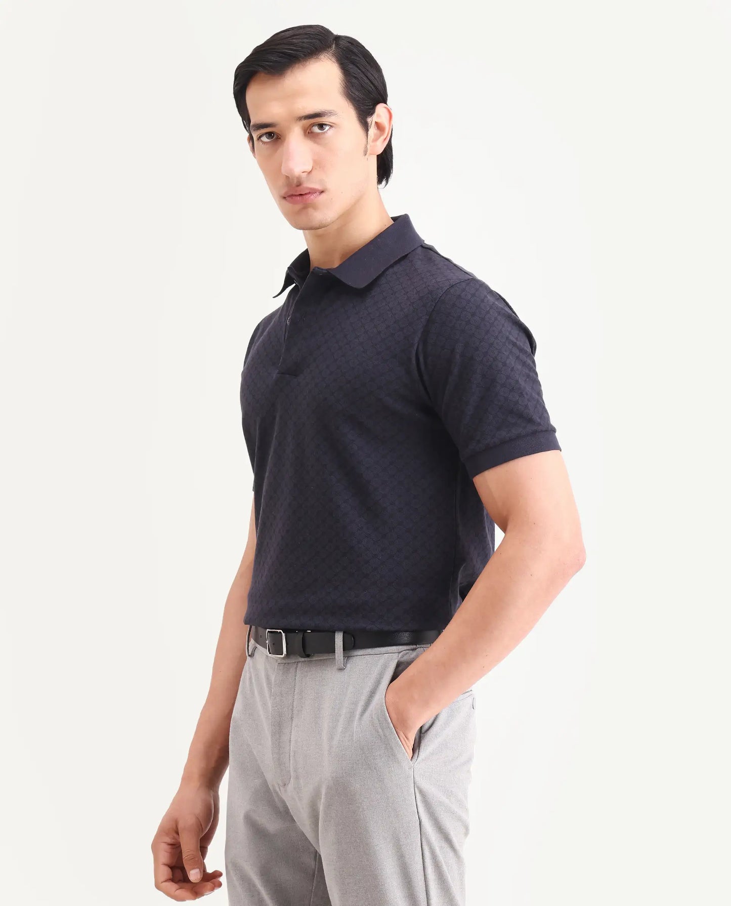 Rare Rabbit Men's Eran Navy Cotton Blend Fabric Half Sleeve Spread Collar Regular Fit Geometric Print Polo | Rare Rabbit at Broadway