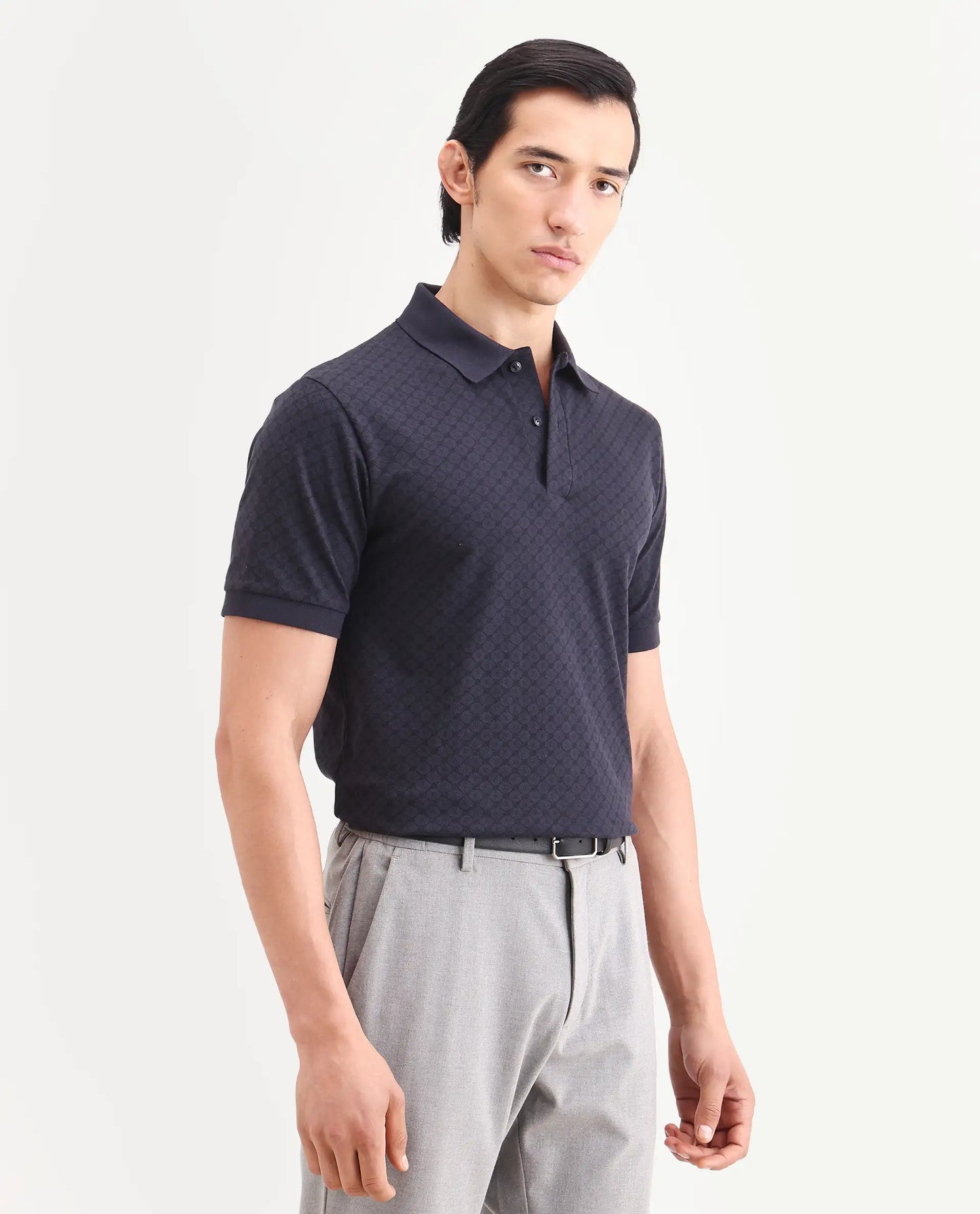 Rare Rabbit Men's Eran Navy Cotton Blend Fabric Half Sleeve Spread Collar Regular Fit Geometric Print Polo | Rare Rabbit at Broadway