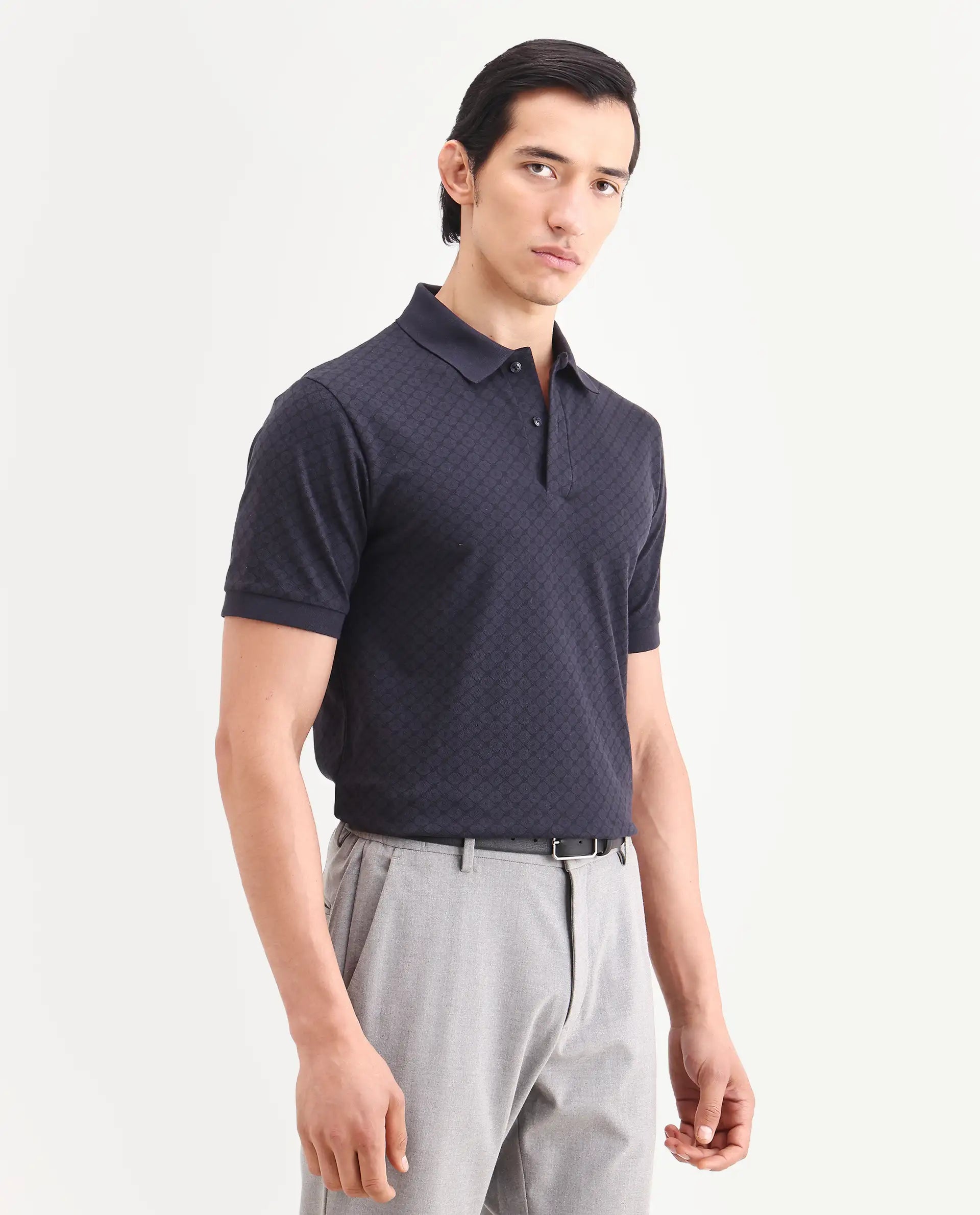 Rare Rabbit Men's Eran Navy Cotton Blend Fabric Half Sleeve Spread Collar Regular Fit Geometric Print Polo | Rare Rabbit at Broadway