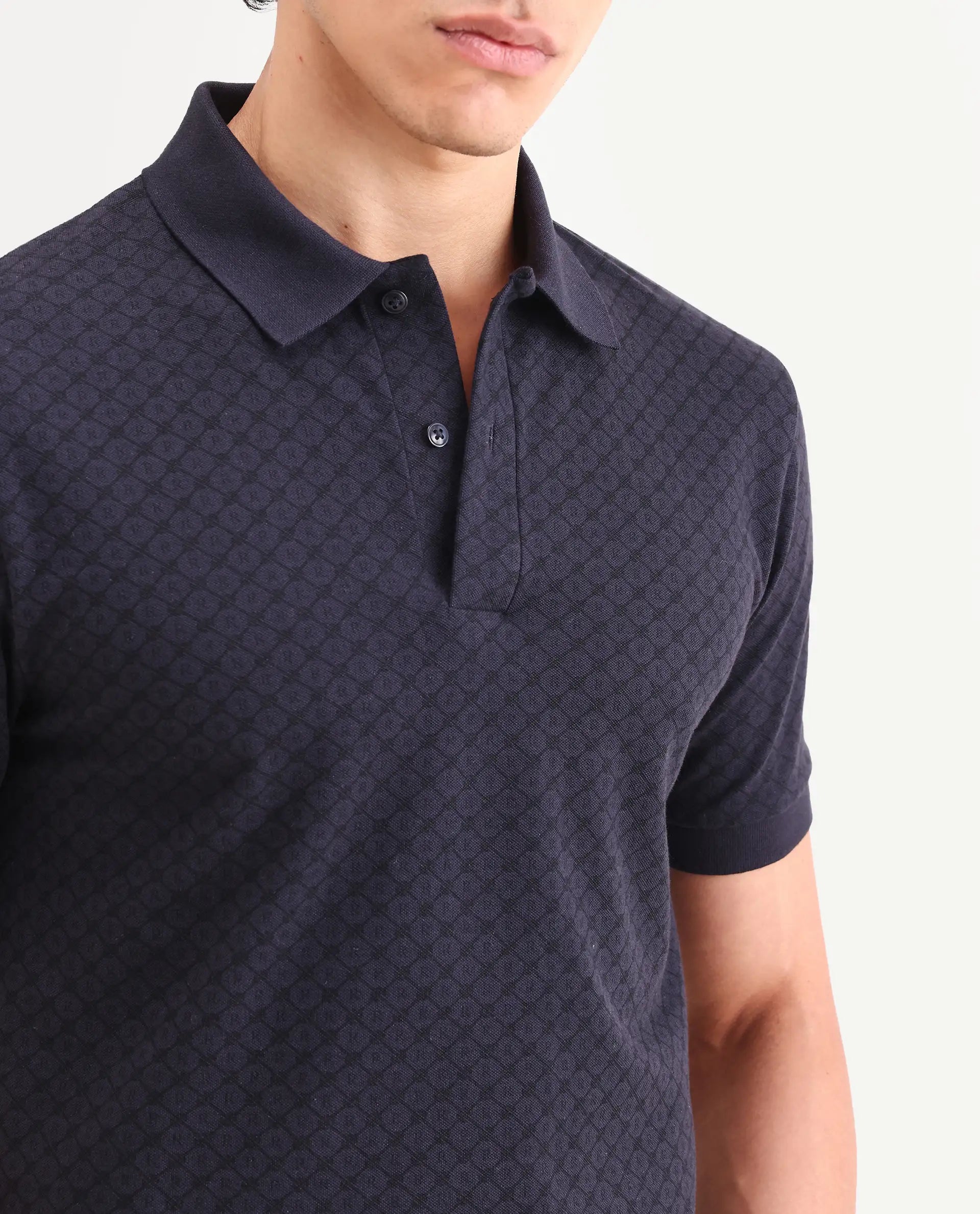 Rare Rabbit Men's Eran Navy Cotton Blend Fabric Half Sleeve Spread Collar Regular Fit Geometric Print Polo | Rare Rabbit at Broadway