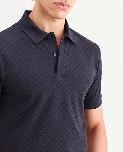 Rare Rabbit Men's Eran Navy Cotton Blend Fabric Half Sleeve Spread Collar Regular Fit Geometric Print Polo | Rare Rabbit at Broadway