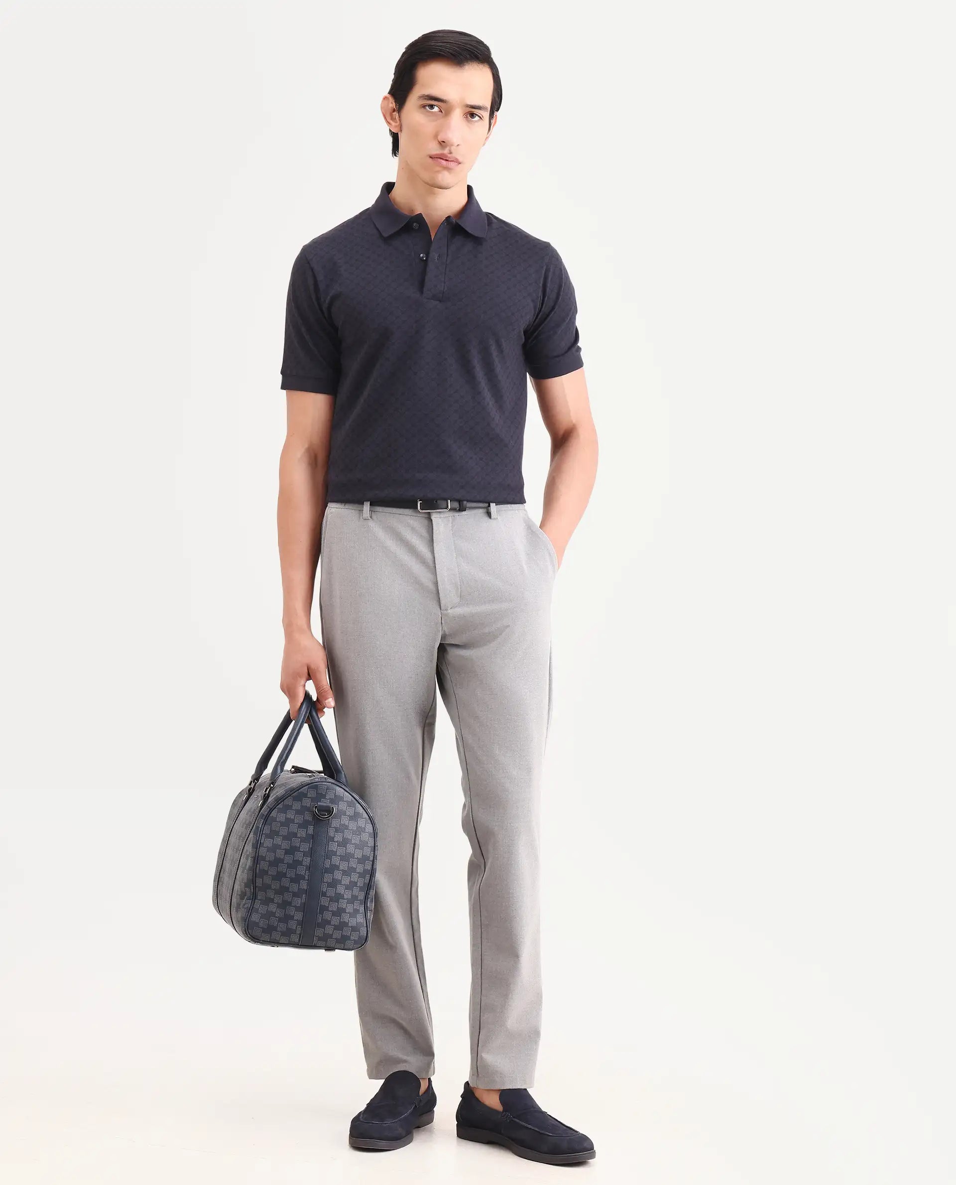 Rare Rabbit Men's Eran Navy Cotton Blend Fabric Half Sleeve Spread Collar Regular Fit Geometric Print Polo | Rare Rabbit at Broadway