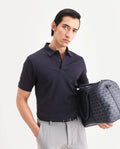Rare Rabbit Men's Eran Navy Cotton Blend Fabric Half Sleeve Spread Collar Regular Fit Geometric Print Polo | Rare Rabbit at Broadway
