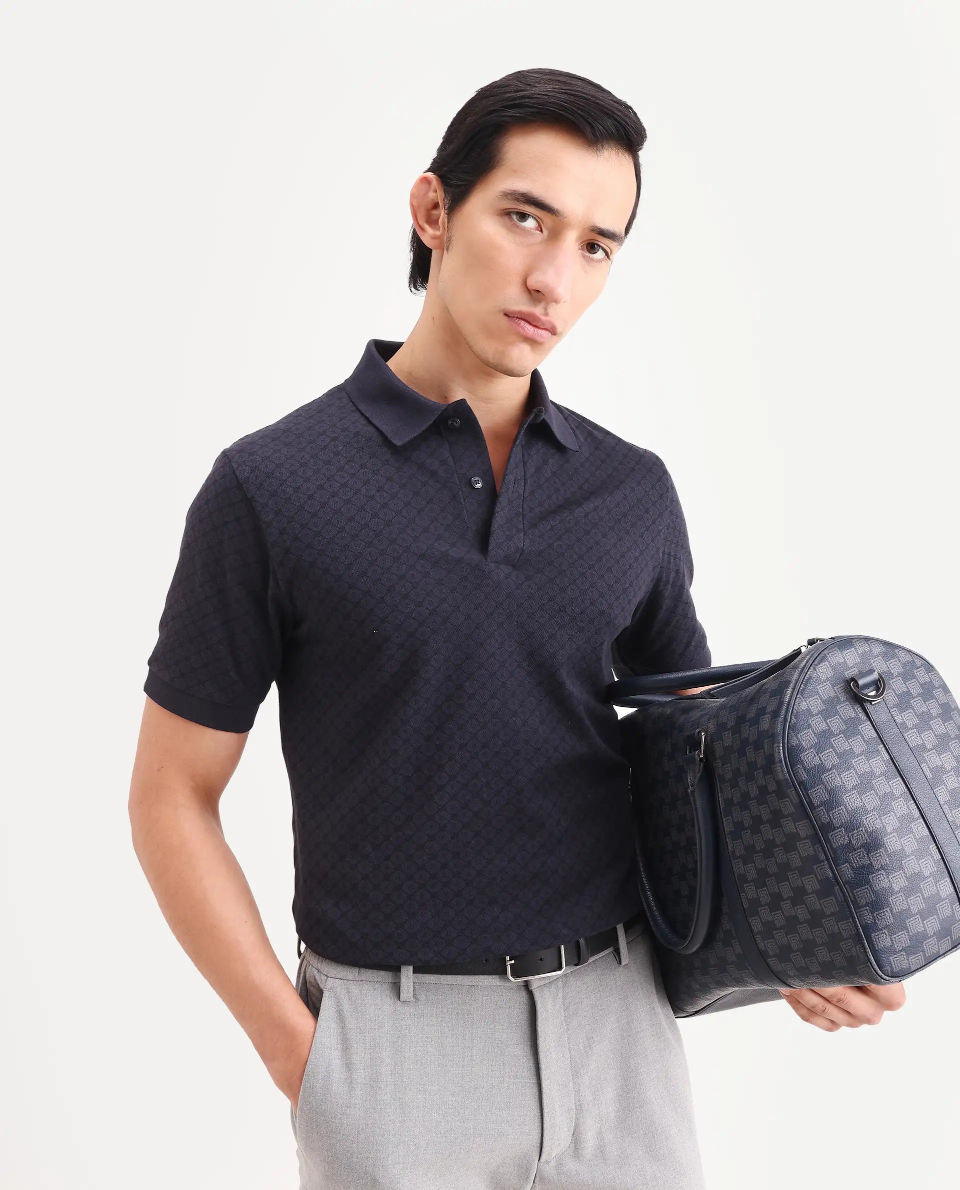 Rare Rabbit Men's Eran Navy Cotton Blend Fabric Half Sleeve Spread Collar Regular Fit Geometric Print Polo | Rare Rabbit at Broadway