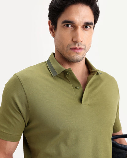 Rare Rabbit Men's Flint Olive Cotton Fabric Half Sleeve Spread Collar Regular Fit Plain Polo | Rare Rabbit at Broadway