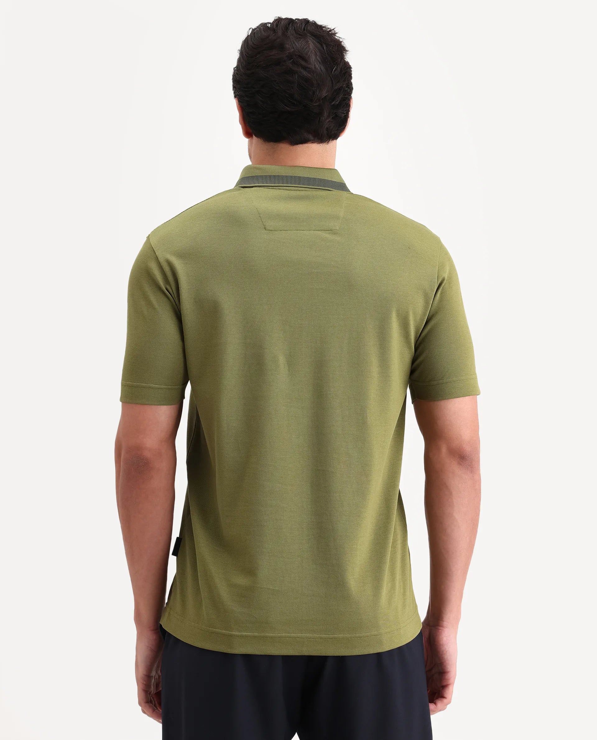 Rare Rabbit Men's Flint Olive Cotton Fabric Half Sleeve Spread Collar Regular Fit Plain Polo | Rare Rabbit at Broadway