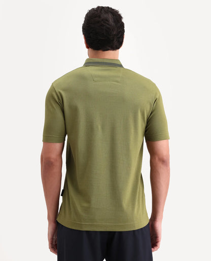 Rare Rabbit Men's Flint Olive Cotton Fabric Half Sleeve Spread Collar Regular Fit Plain Polo | Rare Rabbit at Broadway