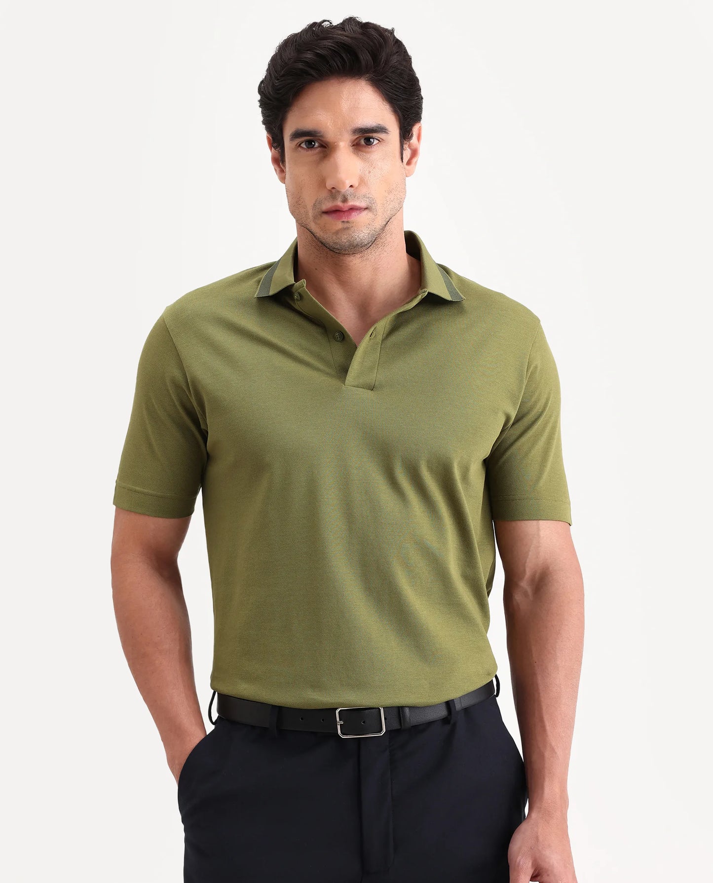 Rare Rabbit Men's Flint Olive Cotton Fabric Half Sleeve Spread Collar Regular Fit Plain Polo | Rare Rabbit at Broadway