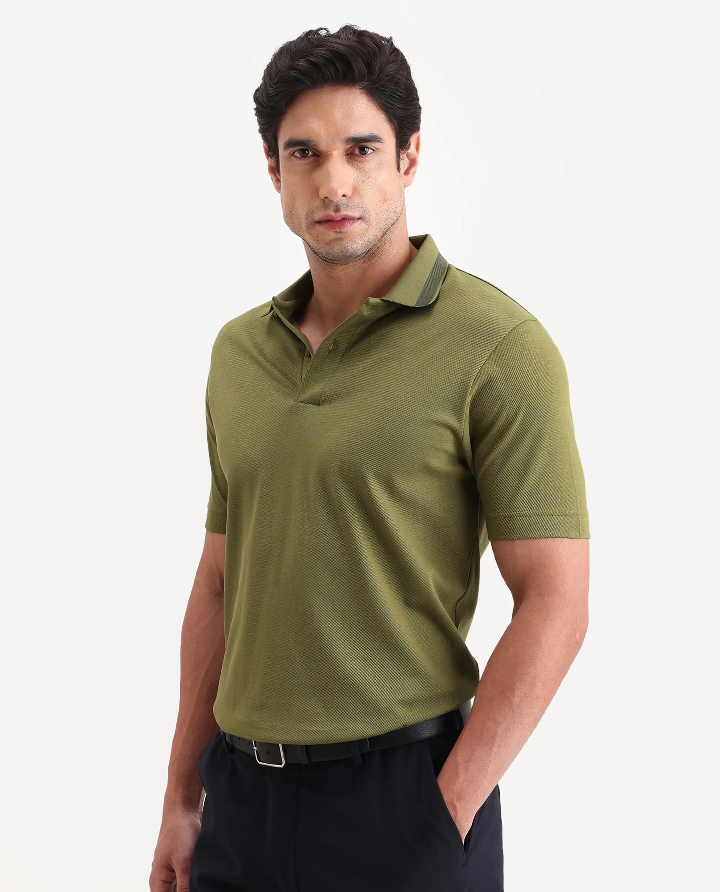 Rare Rabbit Men's Flint Olive Cotton Fabric Half Sleeve Spread Collar Regular Fit Plain Polo | Rare Rabbit at Broadway
