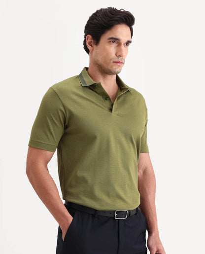 Rare Rabbit Men's Flint Olive Cotton Fabric Half Sleeve Spread Collar Regular Fit Plain Polo | Rare Rabbit at Broadway