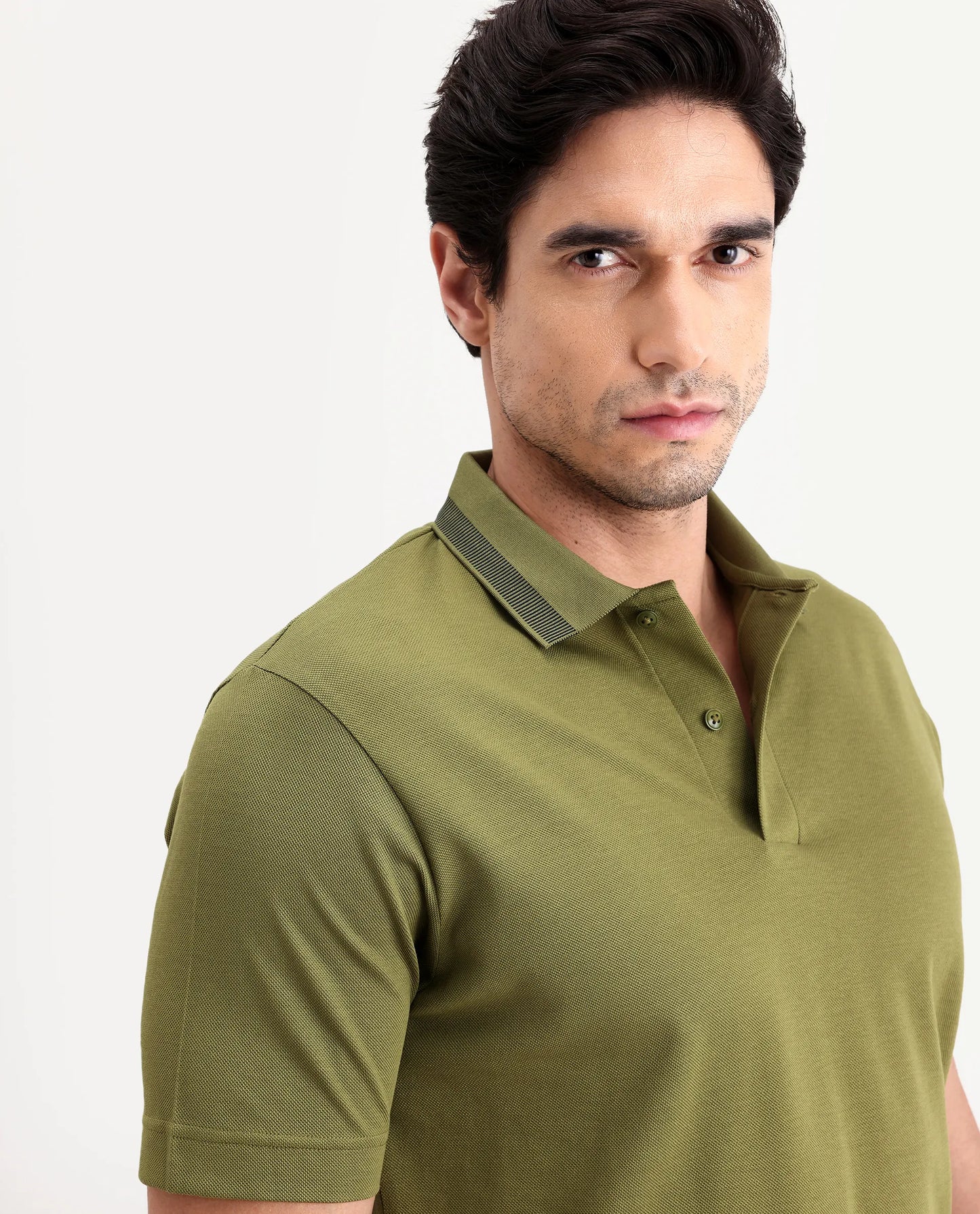 Rare Rabbit Men's Flint Olive Cotton Fabric Half Sleeve Spread Collar Regular Fit Plain Polo | Rare Rabbit at Broadway