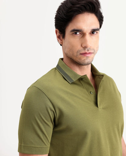 Rare Rabbit Men's Flint Olive Cotton Fabric Half Sleeve Spread Collar Regular Fit Plain Polo | Rare Rabbit at Broadway