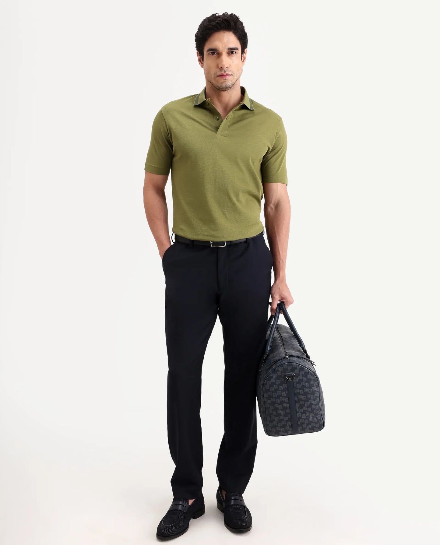 Rare Rabbit Men's Flint Olive Cotton Fabric Half Sleeve Spread Collar Regular Fit Plain Polo | Rare Rabbit at Broadway