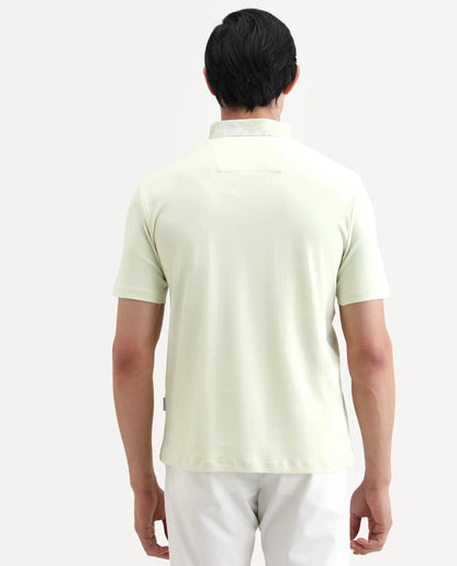Rare Rabbit Men's Ringer-S26 Pastel Green Cotton Fabric Half Sleeve Spread Collar Regular Fit Plain Polo | Rare Rabbit at Broadway
