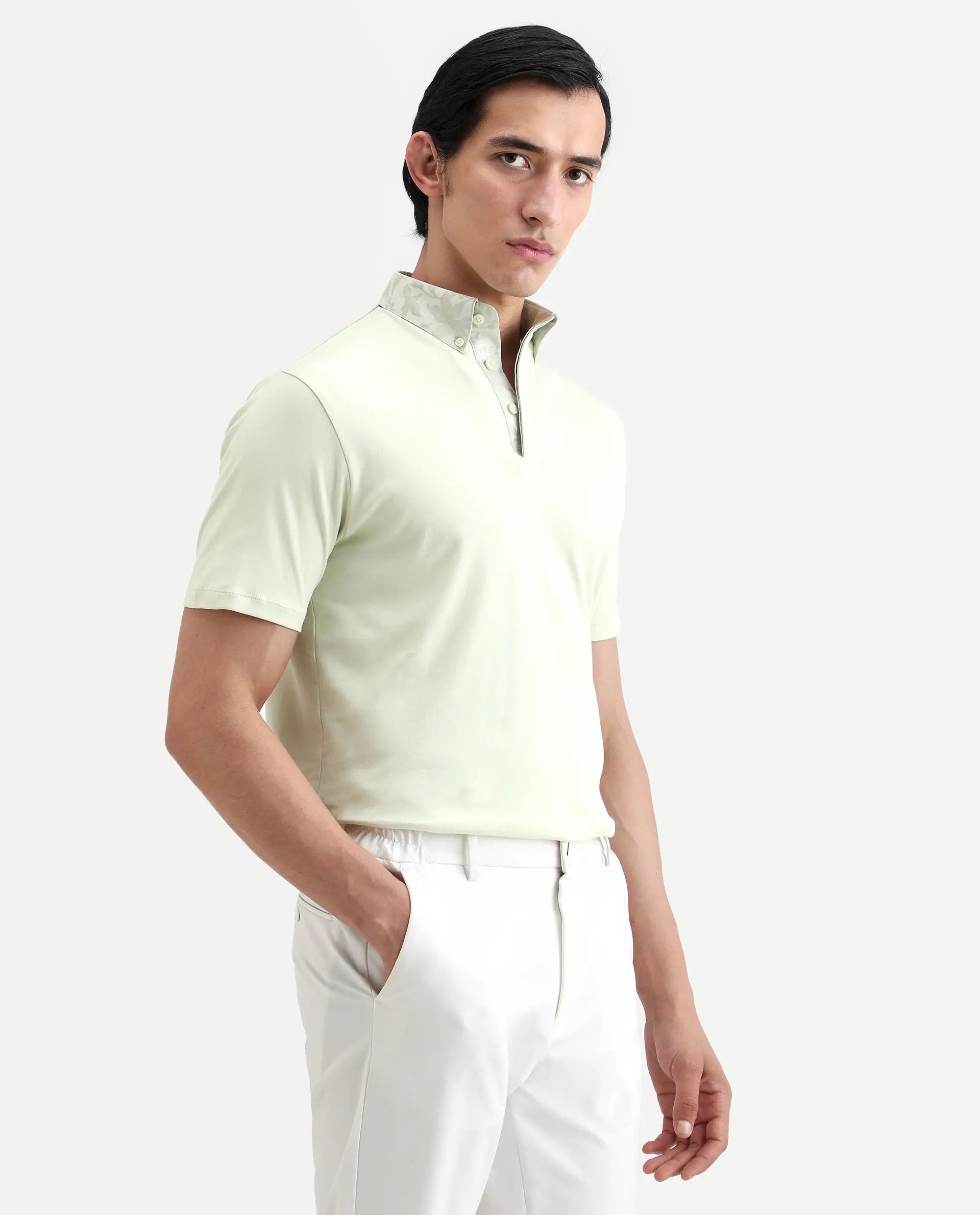 Rare Rabbit Men's Ringer-S26 Pastel Green Cotton Fabric Half Sleeve Spread Collar Regular Fit Plain Polo | Rare Rabbit at Broadway