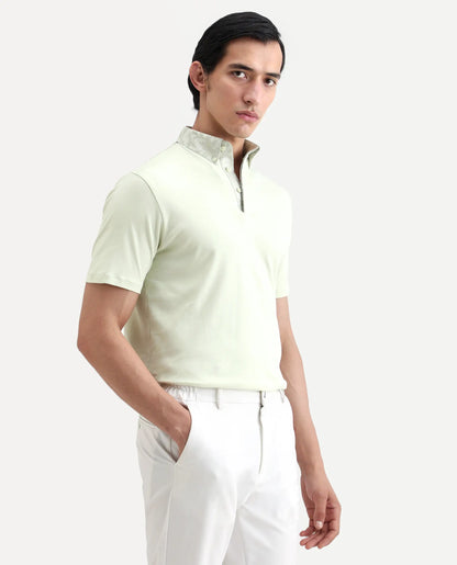 Rare Rabbit Men's Ringer-S26 Pastel Green Cotton Fabric Half Sleeve Spread Collar Regular Fit Plain Polo | Rare Rabbit at Broadway