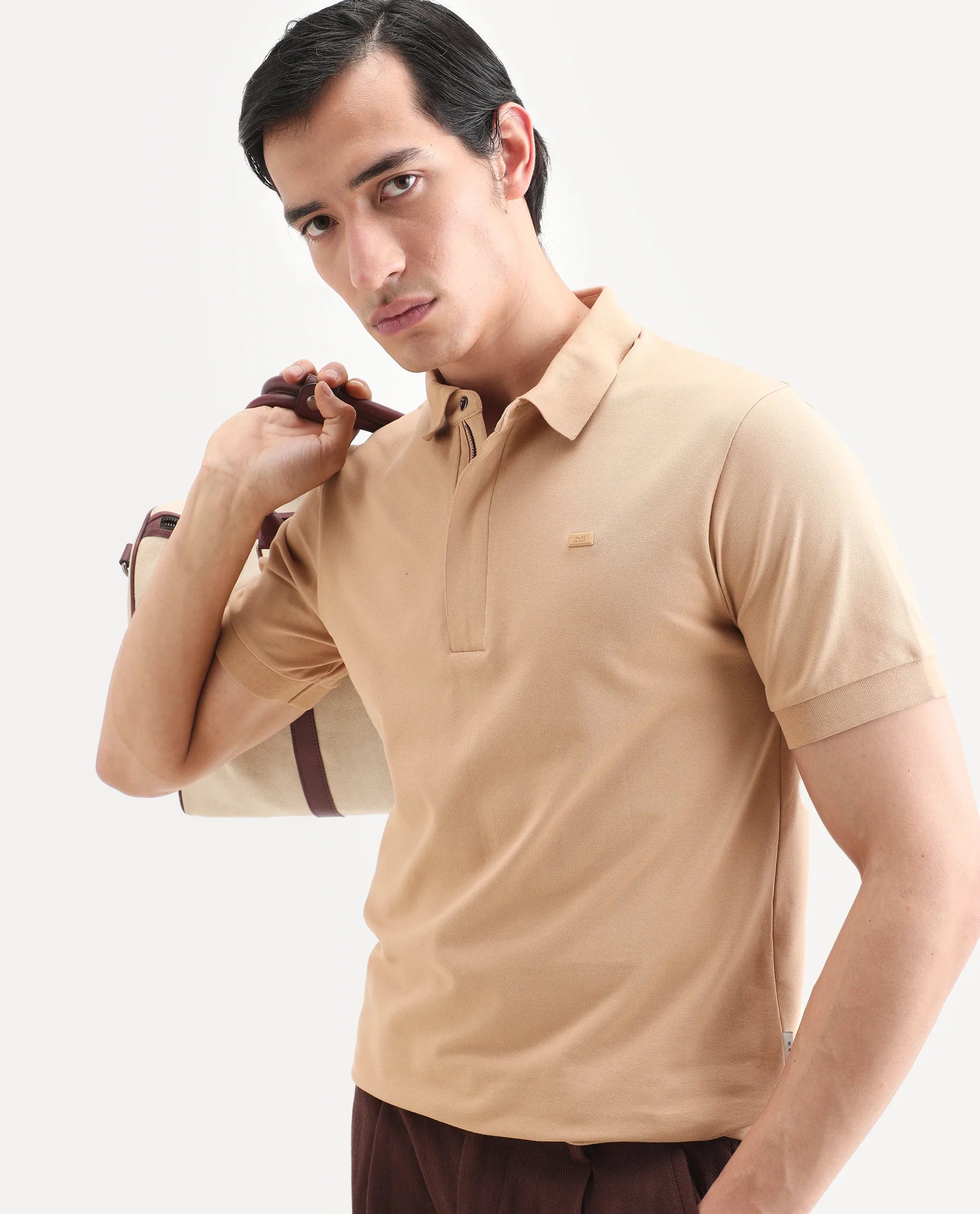 Rare Rabbit Men's Salis-S26 Light Yellow Cotton Blend Fabric Half Sleeve Spread Collar Regular Fit Plain Polo | Rare Rabbit at Broadway