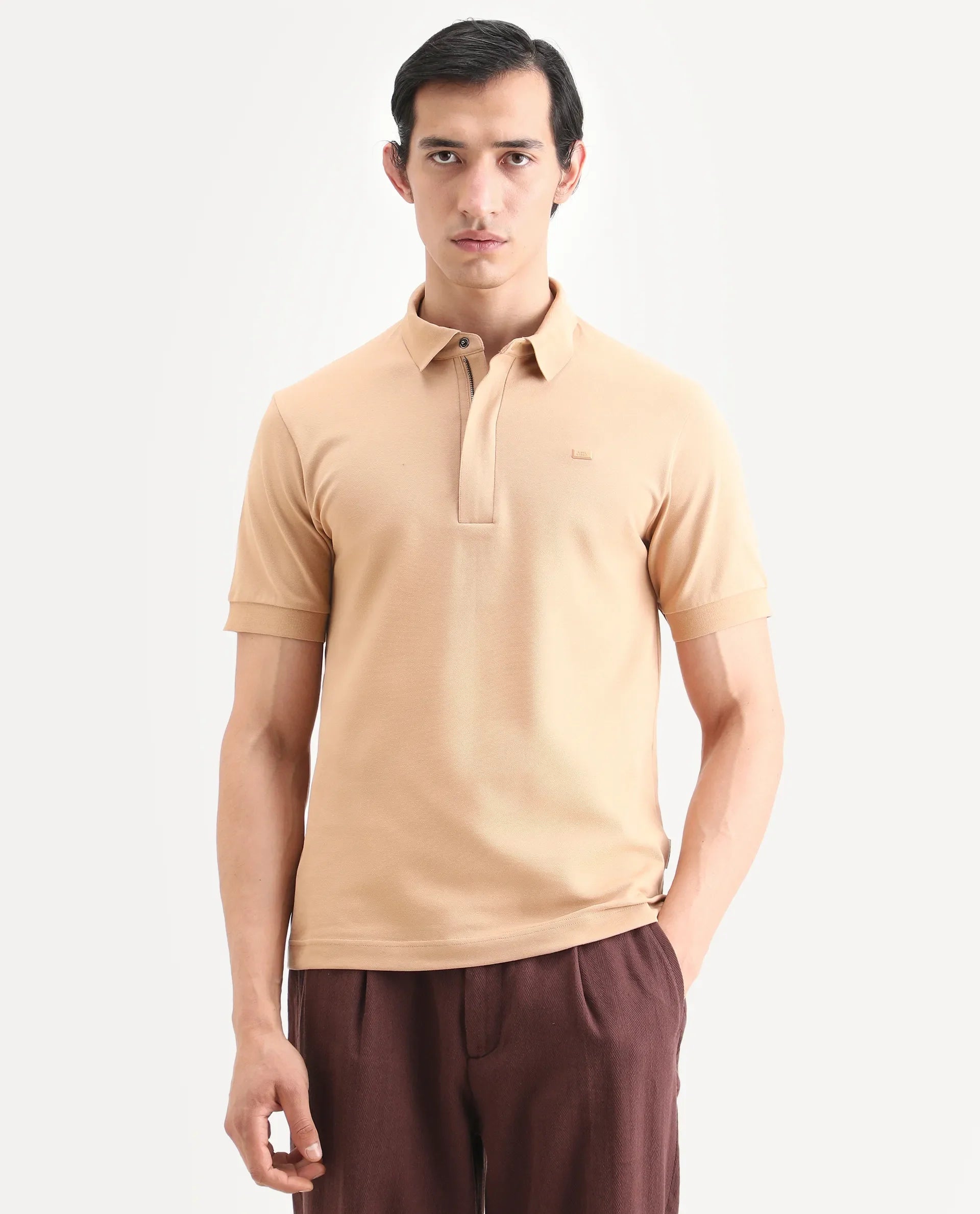 Rare Rabbit Men's Salis-S26 Light Yellow Cotton Blend Fabric Half Sleeve Spread Collar Regular Fit Plain Polo | Rare Rabbit at Broadway