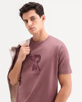 Rare Rabbit Men's Apli Dusky Pink Cotton Fabric Half Sleeve Crew Neck Regular Fit Graphic Print T-Shirt | Rare Rabbit at Broadway