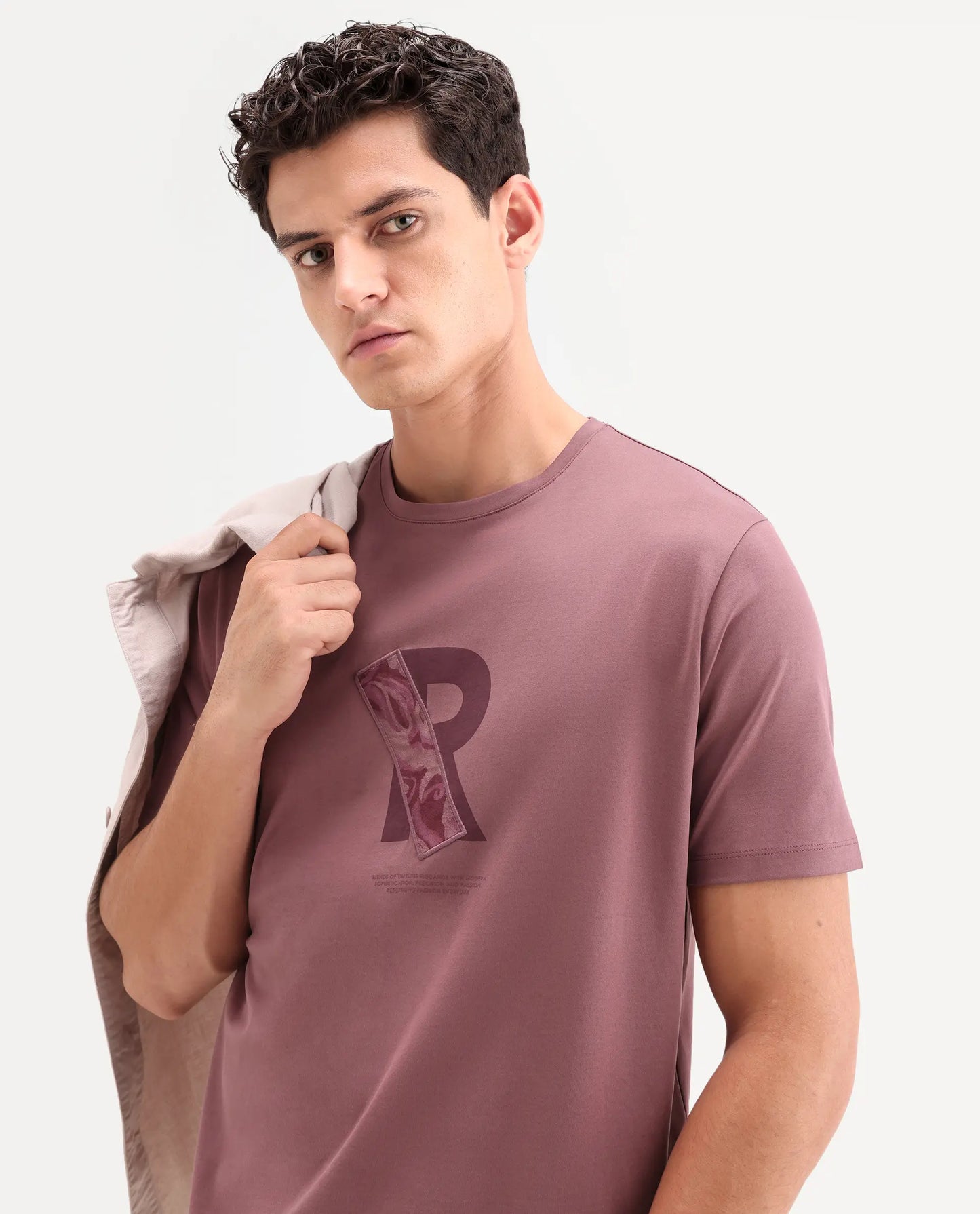 Rare Rabbit Men's Apli Dusky Pink Cotton Fabric Half Sleeve Crew Neck Regular Fit Graphic Print T-Shirt | Rare Rabbit at Broadway