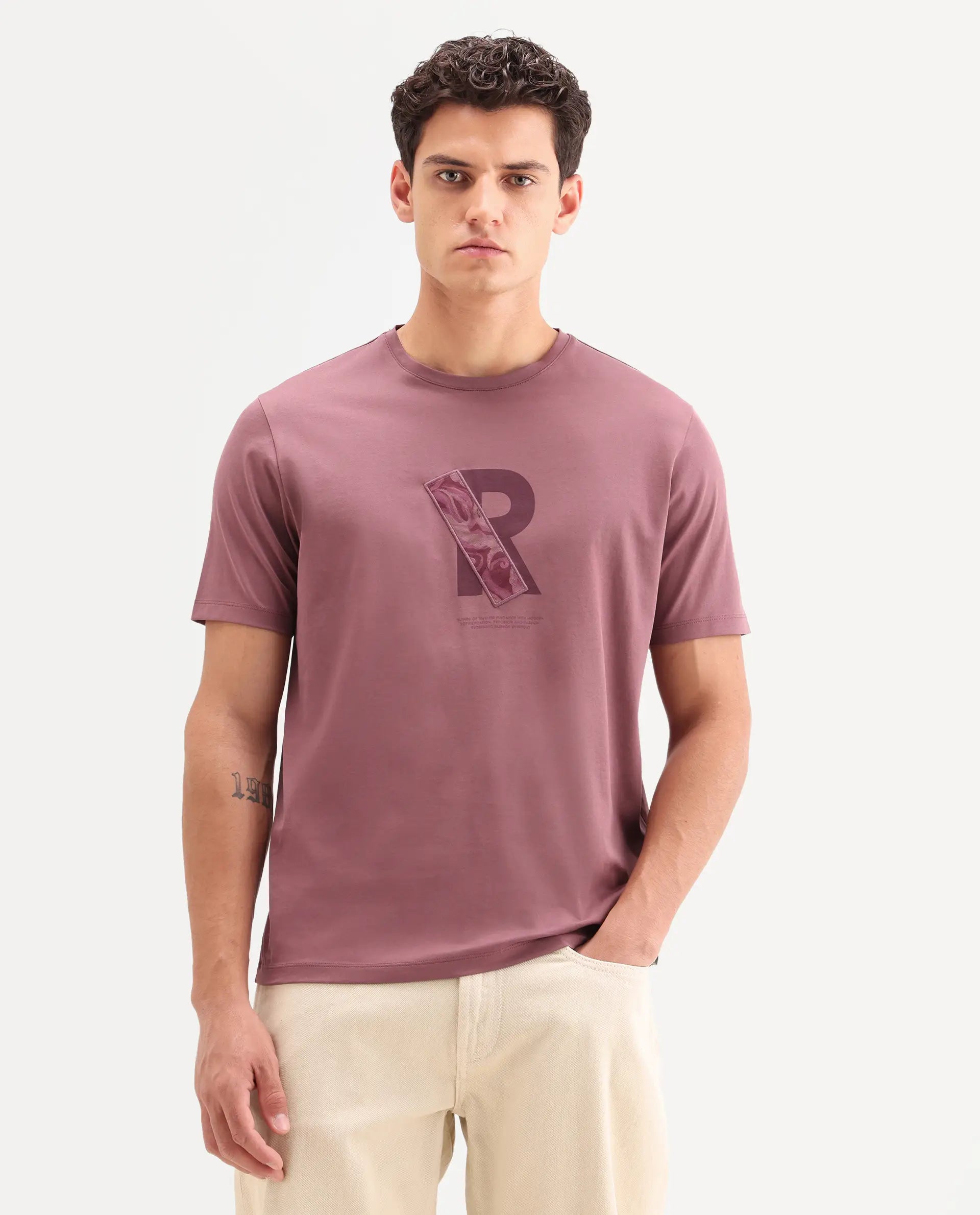 Rare Rabbit Men's Apli Dusky Pink Cotton Fabric Half Sleeve Crew Neck Regular Fit Graphic Print T-Shirt | Rare Rabbit at Broadway