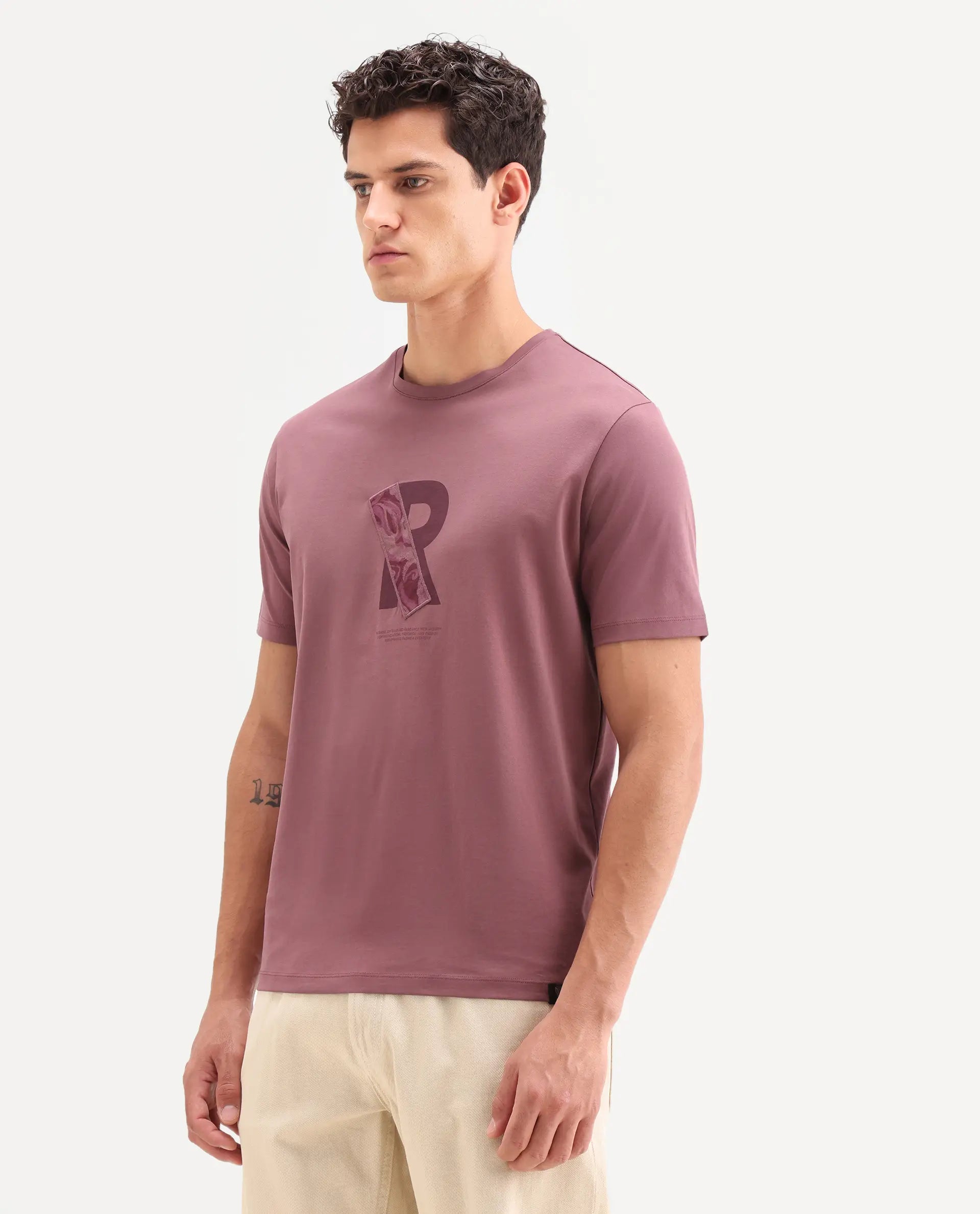 Rare Rabbit Men's Apli Dusky Pink Cotton Fabric Half Sleeve Crew Neck Regular Fit Graphic Print T-Shirt | Rare Rabbit at Broadway
