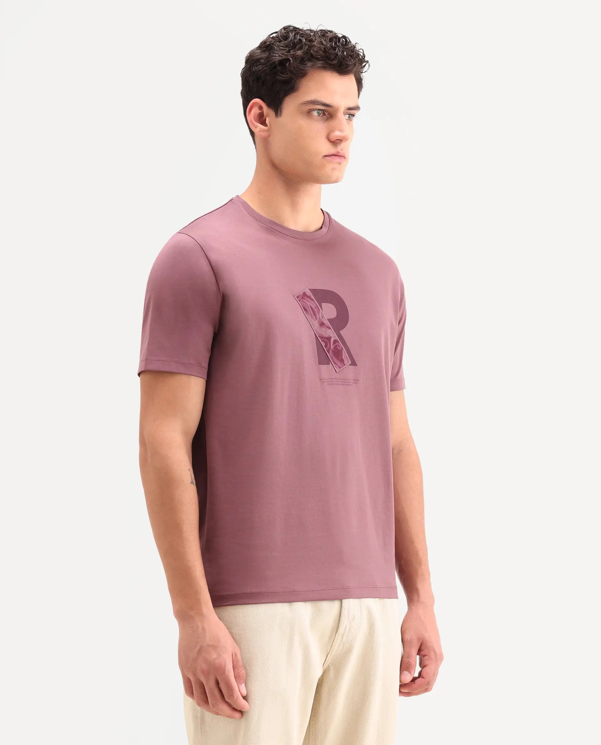 Rare Rabbit Men's Apli Dusky Pink Cotton Fabric Half Sleeve Crew Neck Regular Fit Graphic Print T-Shirt | Rare Rabbit at Broadway