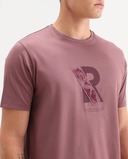 Rare Rabbit Men's Apli Dusky Pink Cotton Fabric Half Sleeve Crew Neck Regular Fit Graphic Print T-Shirt | Rare Rabbit at Broadway