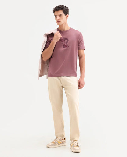 Rare Rabbit Men's Apli Dusky Pink Cotton Fabric Half Sleeve Crew Neck Regular Fit Graphic Print T-Shirt | Rare Rabbit at Broadway