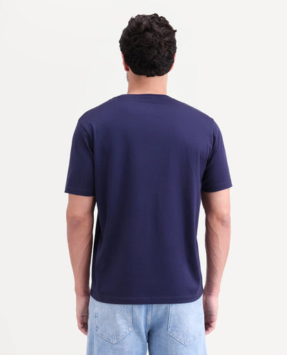 Rare Rabbit Men's Apli Flouroscent Navy Cotton Fabric Half Sleeve Crew Neck Regular Fit Graphic Print T-Shirt | Rare Rabbit at Broadway