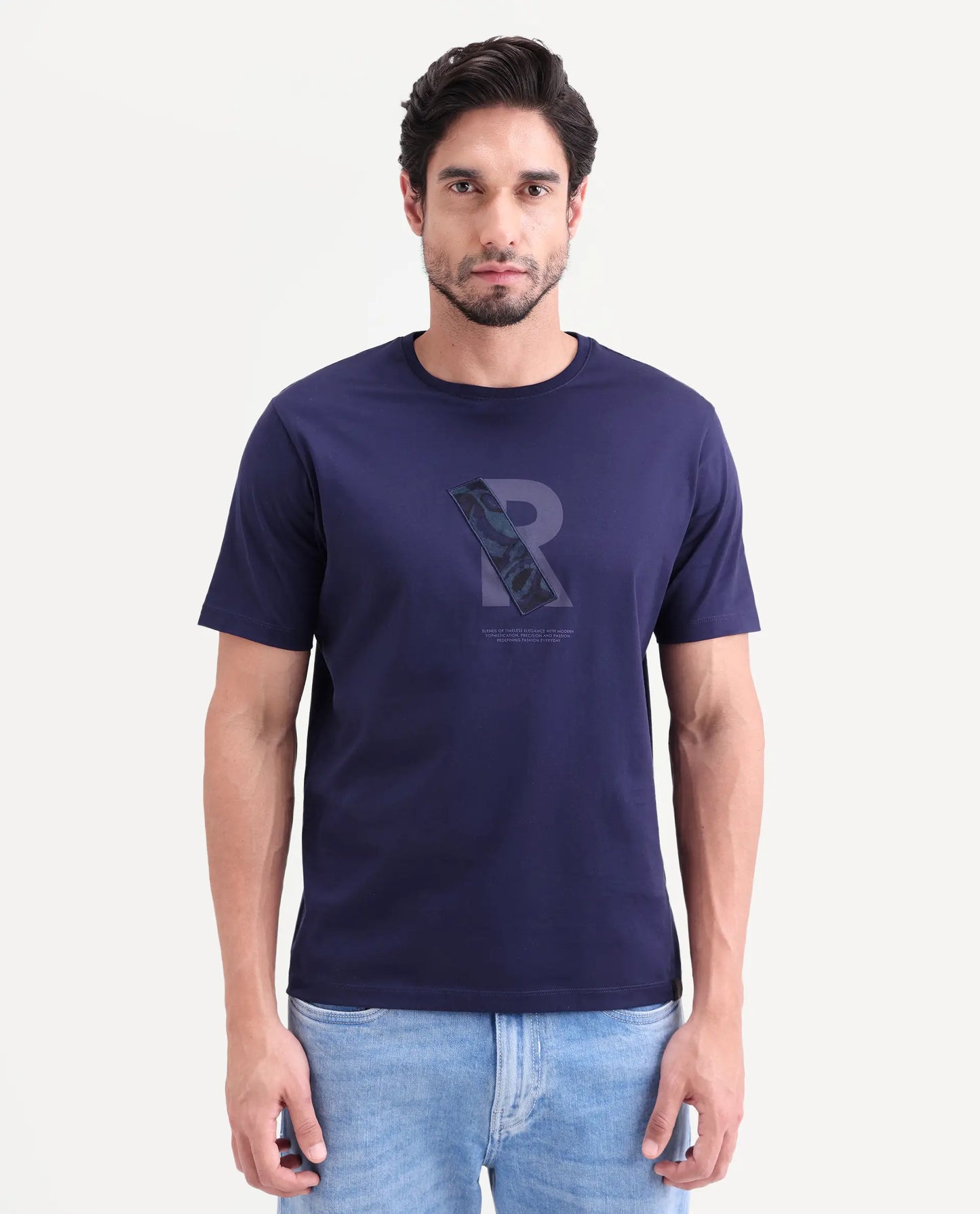 Rare Rabbit Men's Apli Flouroscent Navy Cotton Fabric Half Sleeve Crew Neck Regular Fit Graphic Print T-Shirt | Rare Rabbit at Broadway