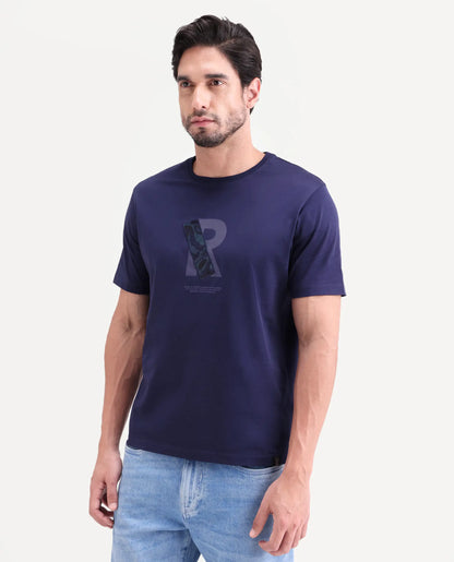 Rare Rabbit Men's Apli Flouroscent Navy Cotton Fabric Half Sleeve Crew Neck Regular Fit Graphic Print T-Shirt | Rare Rabbit at Broadway