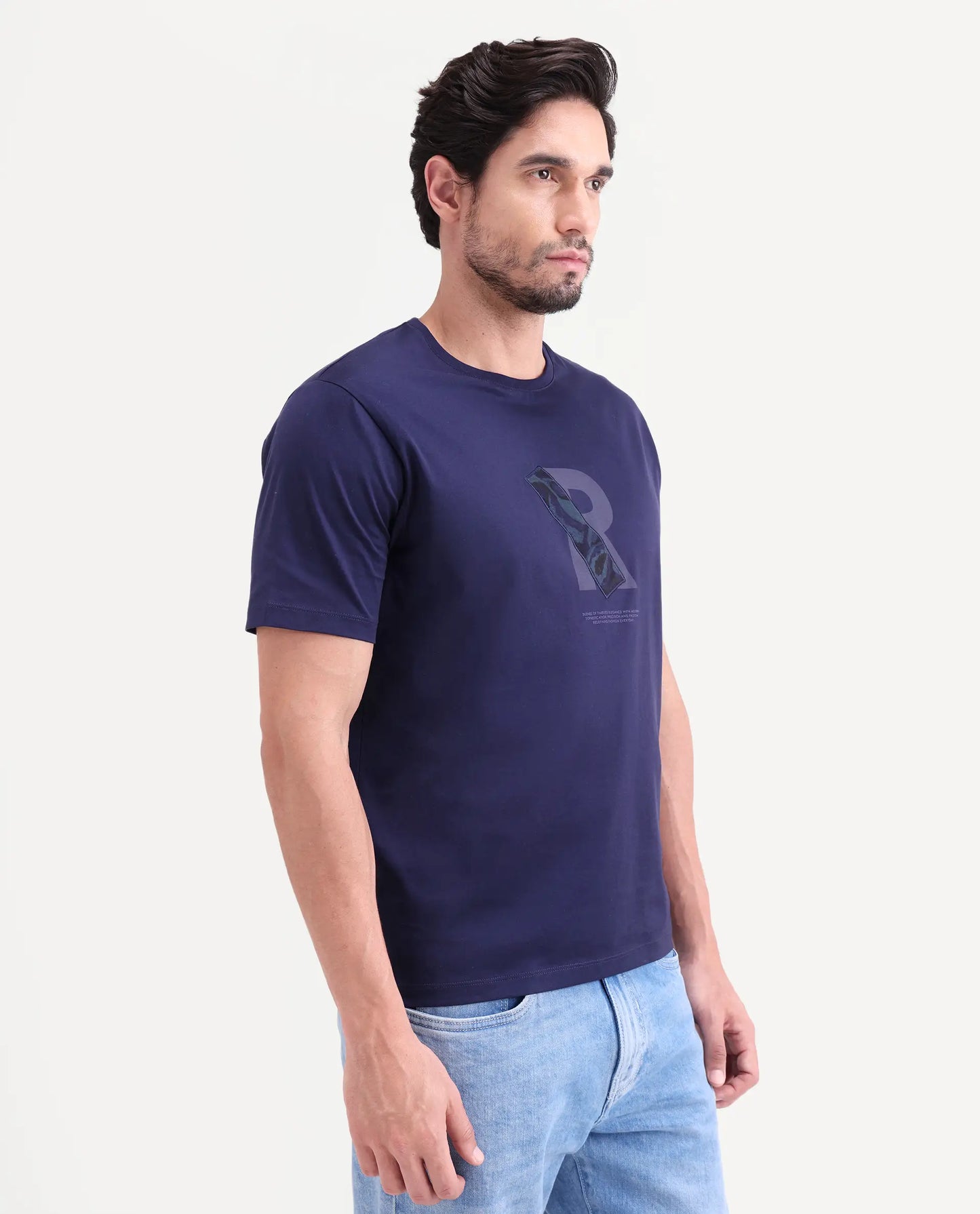 Rare Rabbit Men's Apli Flouroscent Navy Cotton Fabric Half Sleeve Crew Neck Regular Fit Graphic Print T-Shirt | Rare Rabbit at Broadway